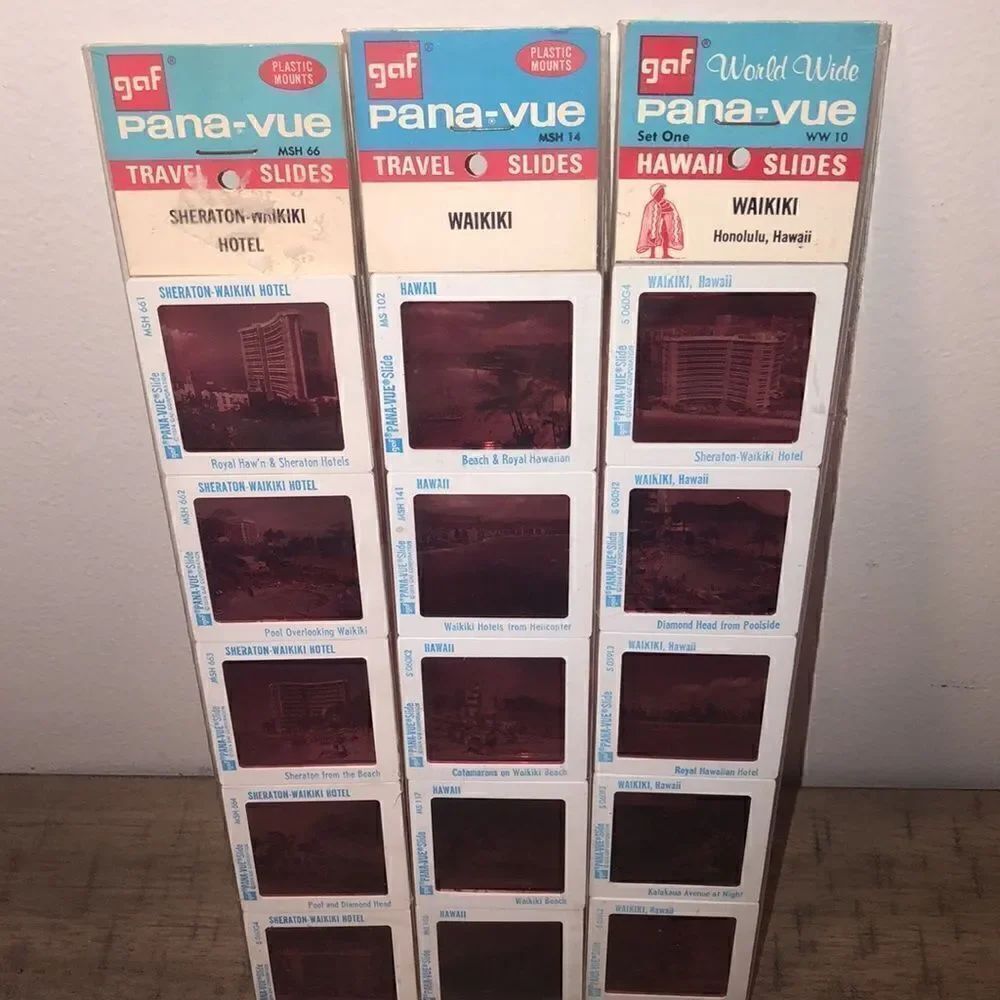 NWT Aloha! Hawaiian 🌺 GAF Slides 1970s Waikiki Diamond Head 🏖 🥥 🏊🏻♀️ Fab!